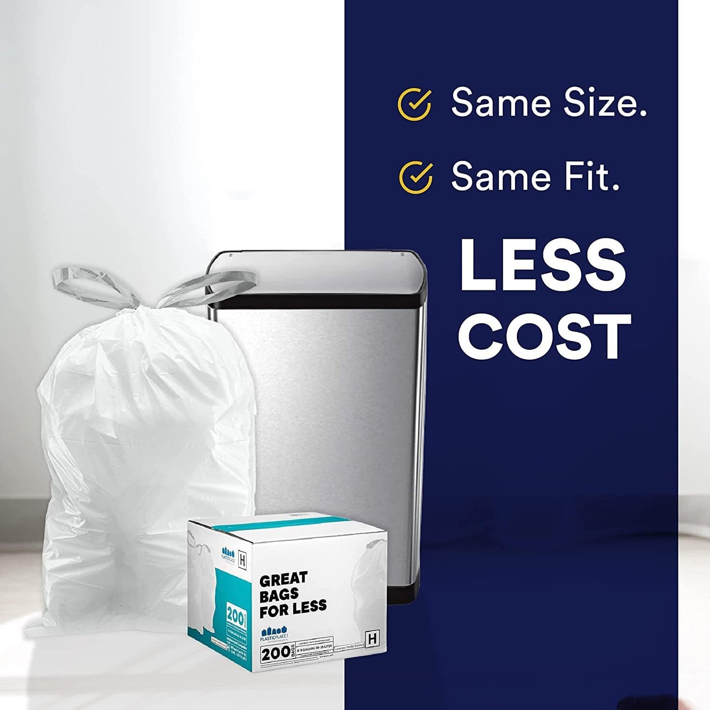 Plasticplace Custom Fit Trash Bags Compatible with Simplehuman Code J 50 Count White Drawstring Garbage Liners 10-10.5 Gallon 21"x28" Tear-Resistant LLDPE Bags for Kitchen Bathroom & Office