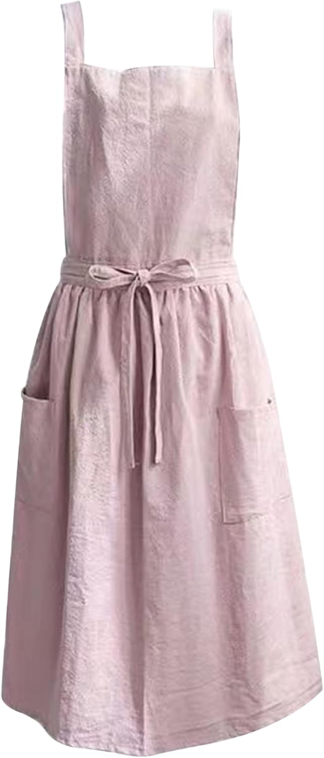 Cotton Cross-Back Garden Apron with Pockets Cute Work Apron for Restaurant & Flower Shop
