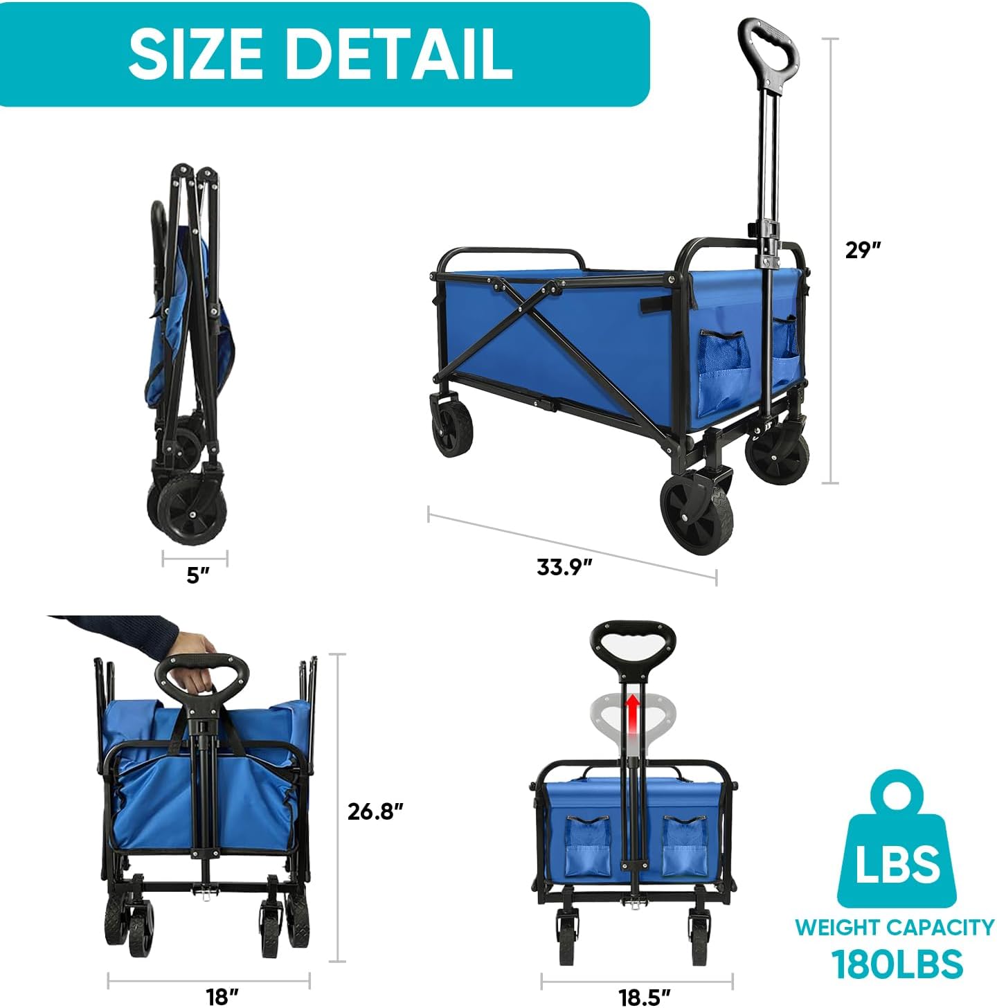 Collapsible Wagon with Quiet Wheels - Silent Grocery Shopping Cart for Seniors, Foldable Utility Cart for Laundry & Apartment, Washable Heavy Duty Rolling Wagon with Two Mesh Pockets, Blue