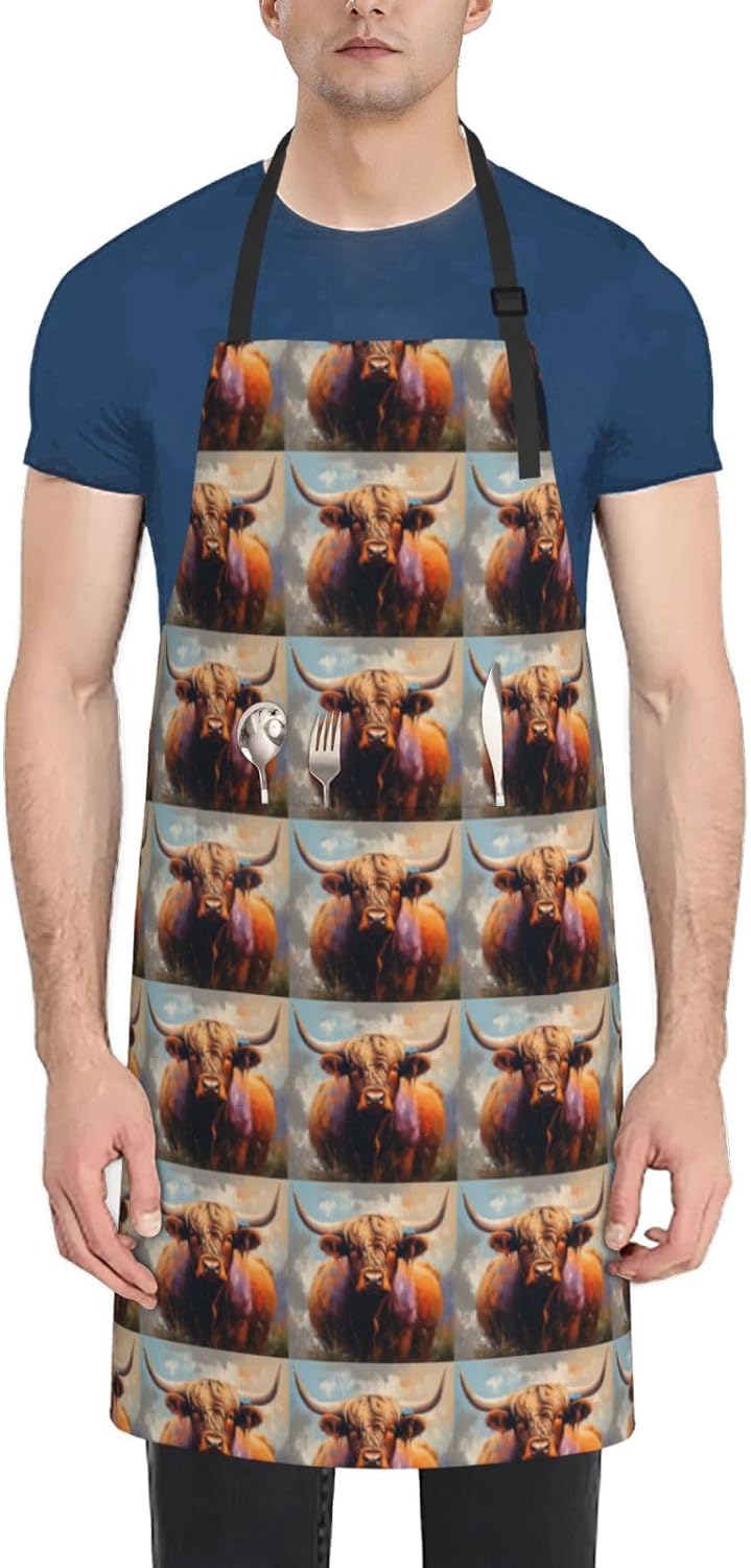 YANYU Highland Cow Print 28x33 In Kitchen Apron Stylish Chef Apron with Pockets for Cooking Baking Painting