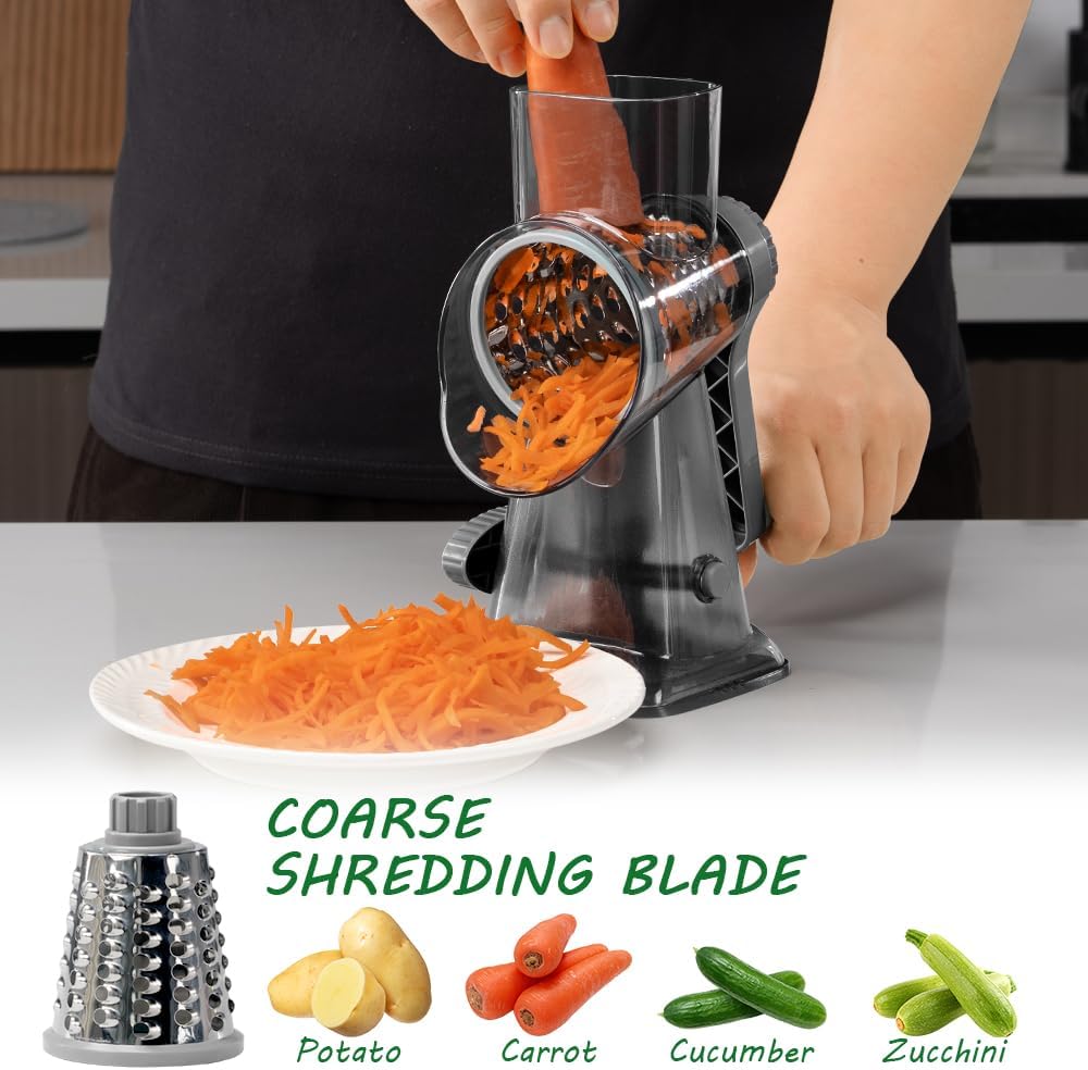 Cheese Grater Hand Crank Rotary Vegetables Shredder with Handle, 3-in-1 Graters with Interchangeable Blades and Non-slip Base Multifunctional Slicer for Kitchen