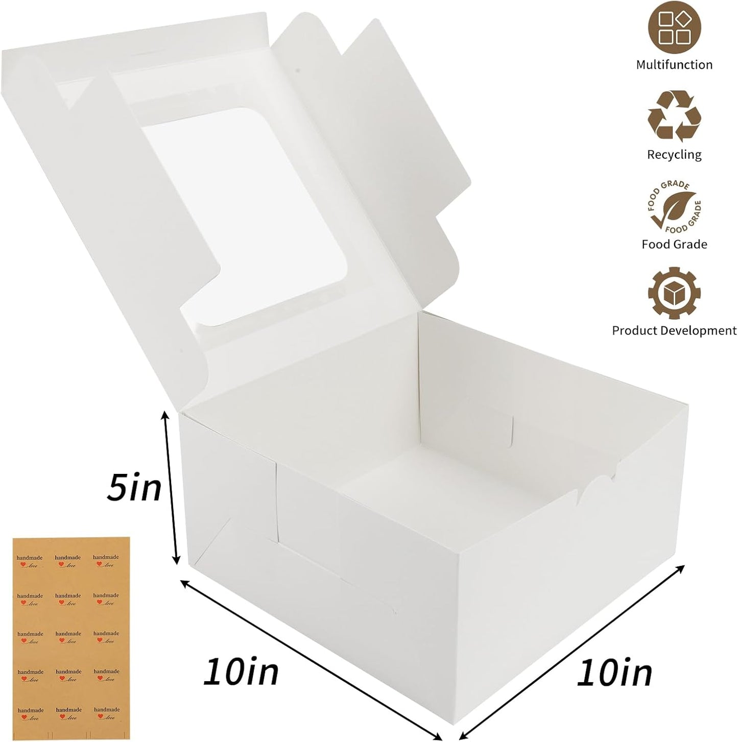 Moretoes 24pcs Cake Boxes, 10x10x5 Inches White Square Bakery Boxes wi