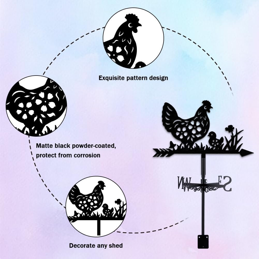 Hen Weathervane Metal Wind Vane Flower Chicks Animal Garden Decoration Direction Indicator Stake Mount Ornament for Farmhouse Yard Roof Outdoor