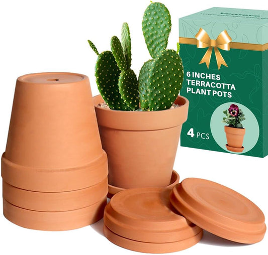 vensovo 6 Inch Terracotta & Clay Pots for Plant with Saucer - 4 Pack M