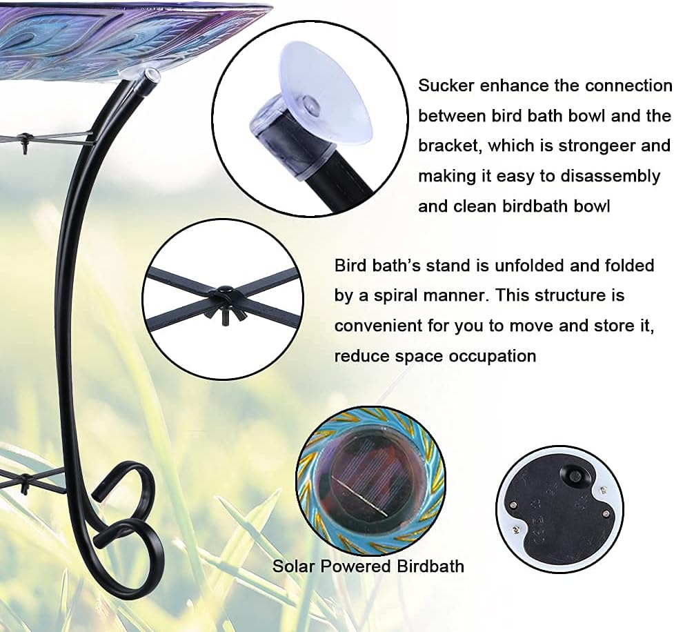 MUMTOP Outdoor Glass Bird Bath Solar Birdbaths with Metal Stand for Lawn Yard Garden Peacock Decor,18” Dia 21.65” Height