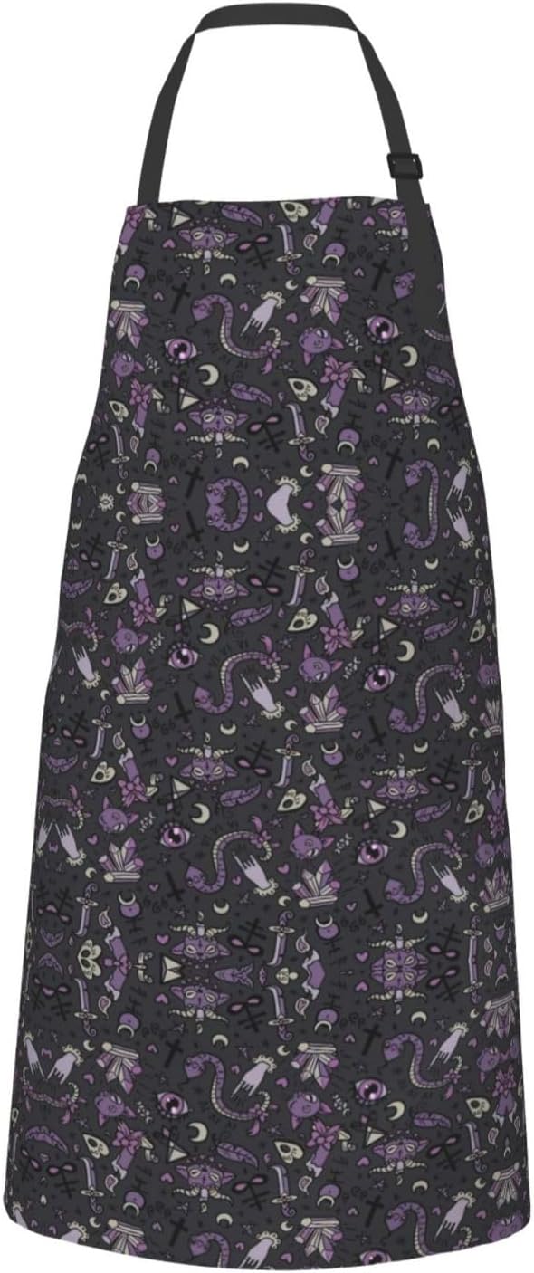 Purple Black Goth Spooky Print 28x33 In Adult Kitchen Apron with Pockets Versatile Chef Smock for Cooking Baking