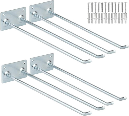 Wall Mounted Steel Long Handled Tools Storage Hooks, 12 Inch Steel Garage Utility Double Rack Organizing Ladders, Rakes, Hose, shovel, Brooms, Max Capacity 55Lbs (Pack of 4)