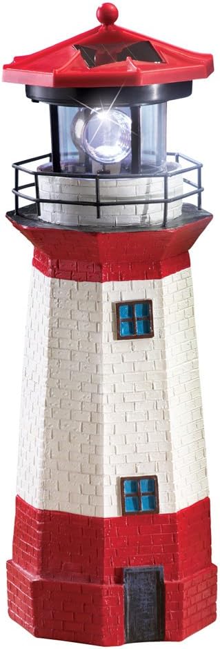 Jumbl 15" Red Solar Lighthouse with Rotating LED – Nautical Outdoor Resin Décor for Coastal Gardens and Yards