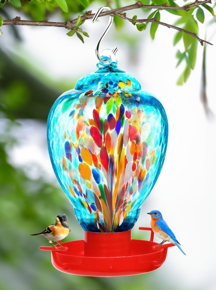 Colorful Glass Wild Bird Waterer 32 Oz Bird Water Feeder for Outdoors 