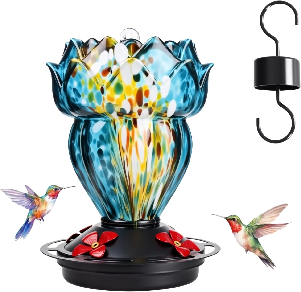Lotus Shaped Hummingbird Feeder for Outdoors, Hand Blown Glass Hummingbird Feeders for Outdoors Hanging with 4 Feeding Ports, Leak-Proof Bird Feeder- Garden Decor Gifts for Women(Blue)