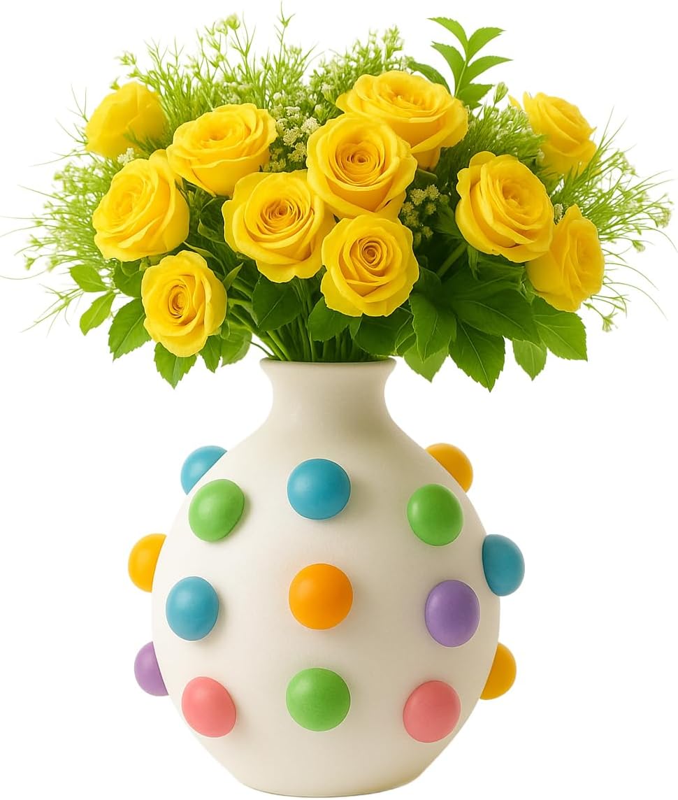 GUTE Bubble Multicolor Vase Detailed White Ceramic Planter, 9.25" Flower Plant Vase, Carved Pomponette Pastel Colors Classic - Plant Pot Colorful Round Bubble Detail for House
