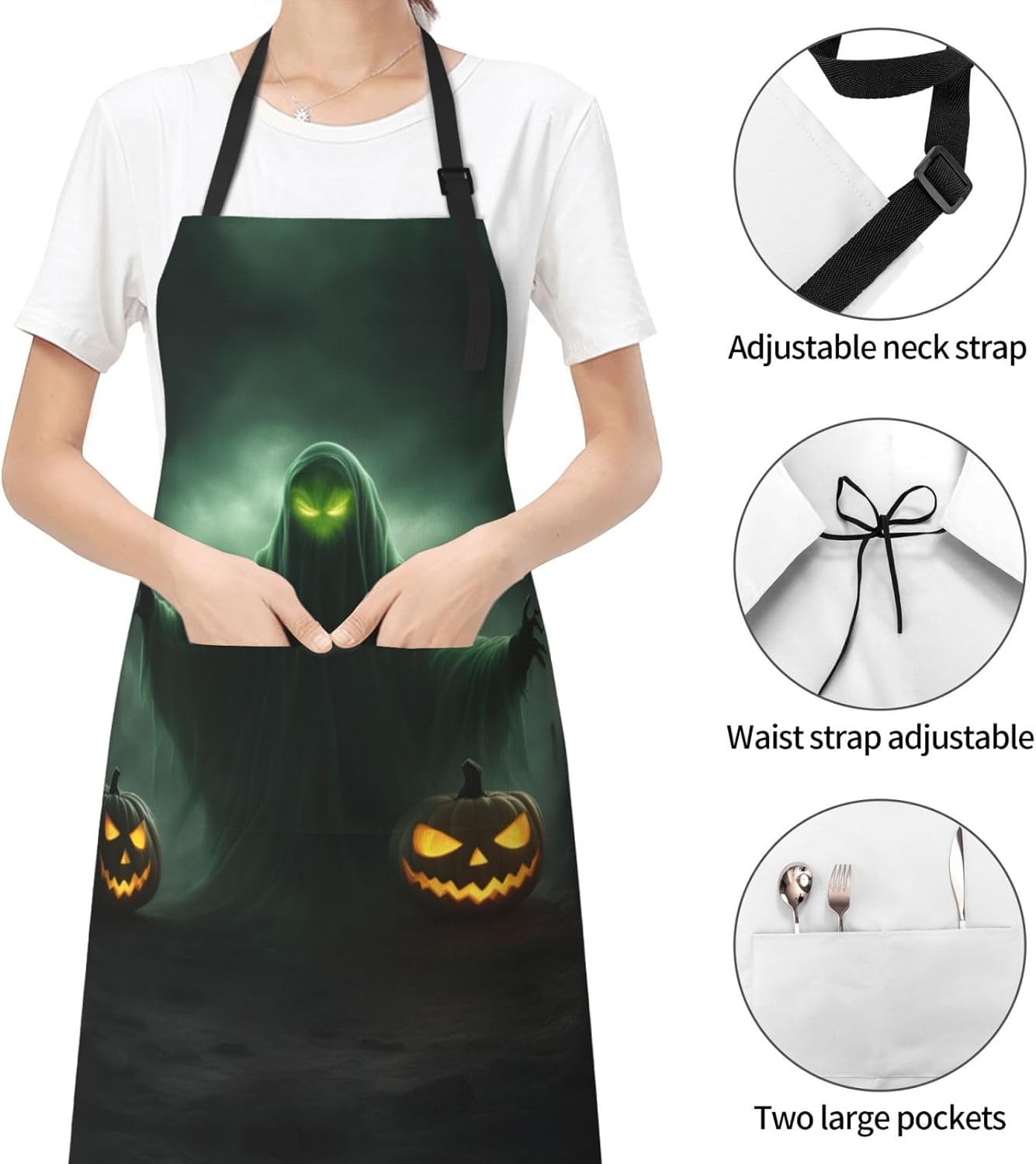 Green Ghost Horror Halloween Pumpkin print Waterproof chef's apron with pocket apron for kitchen cooking baking barbecue and gardening
