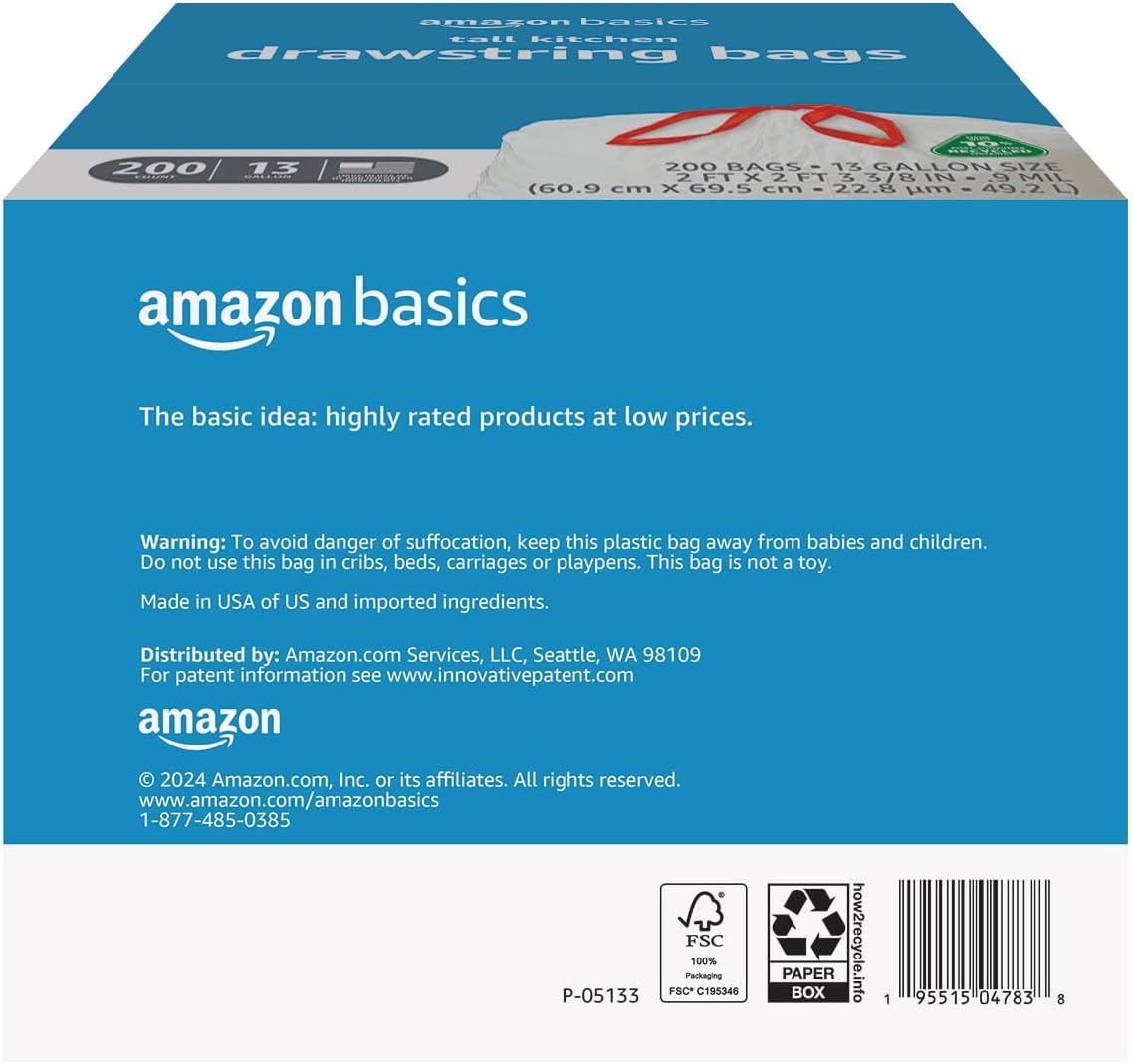 Amazon Basics 13 Gallon Tall Kitchen Drawstring Trash Bags, White with