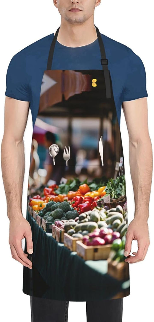 rainbow vegetable and fruit print Waterproof apron with pocket adjustable cooking apron for adult kitchen bibs to bake