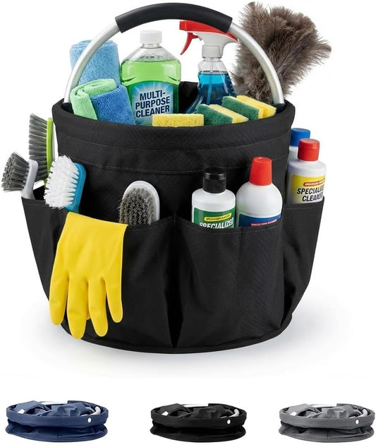 Multifunctional 17L Cleaning Caddy,Foldable 600D Organizer Bag with EVA Grip and 6 Pockets,Portable Storage Tote for Housekeeping,Car Detailing,Garden,Bathroom and Dorm (black)