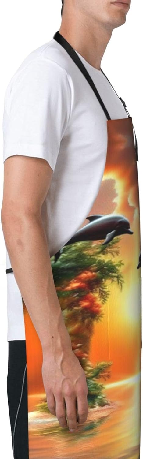 sunset dolphins print Waterproof apron with pocket adjustable cooking apron for adult kitchen bibs to bake