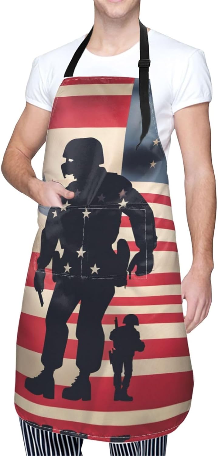 US Military Soldiers Patriotic Memorial Day Print Laundry apron 28x33 In Waterproof Kitchen Apron with Pockets for Cooking Baking
