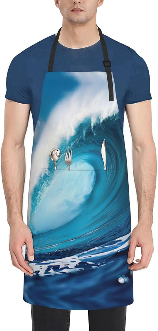 Big Ocean Wave HD print Waterproof chef's apron with pocket apron for kitchen cooking baking barbecue and gardening