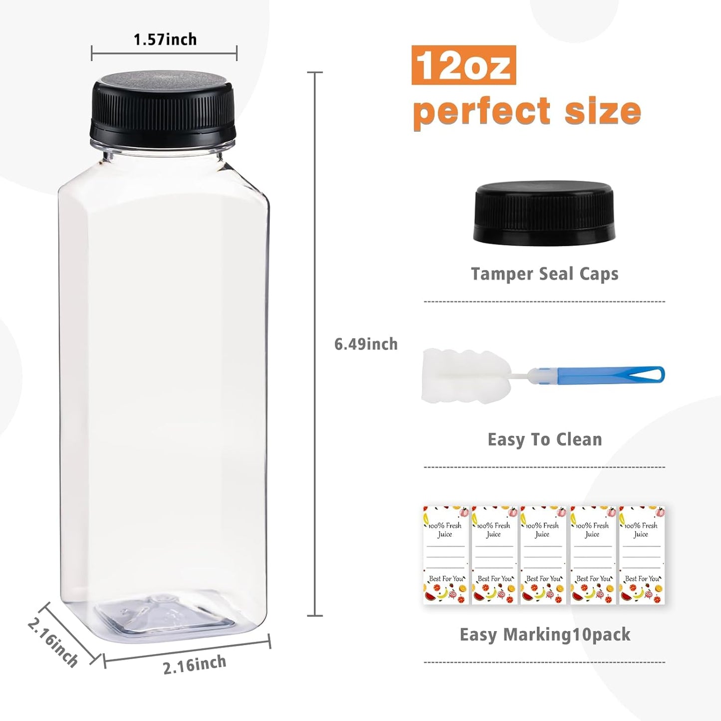 10 Pcs 12oz Plastic Juice Bottles With Caps, Reusable Food Grade Chear