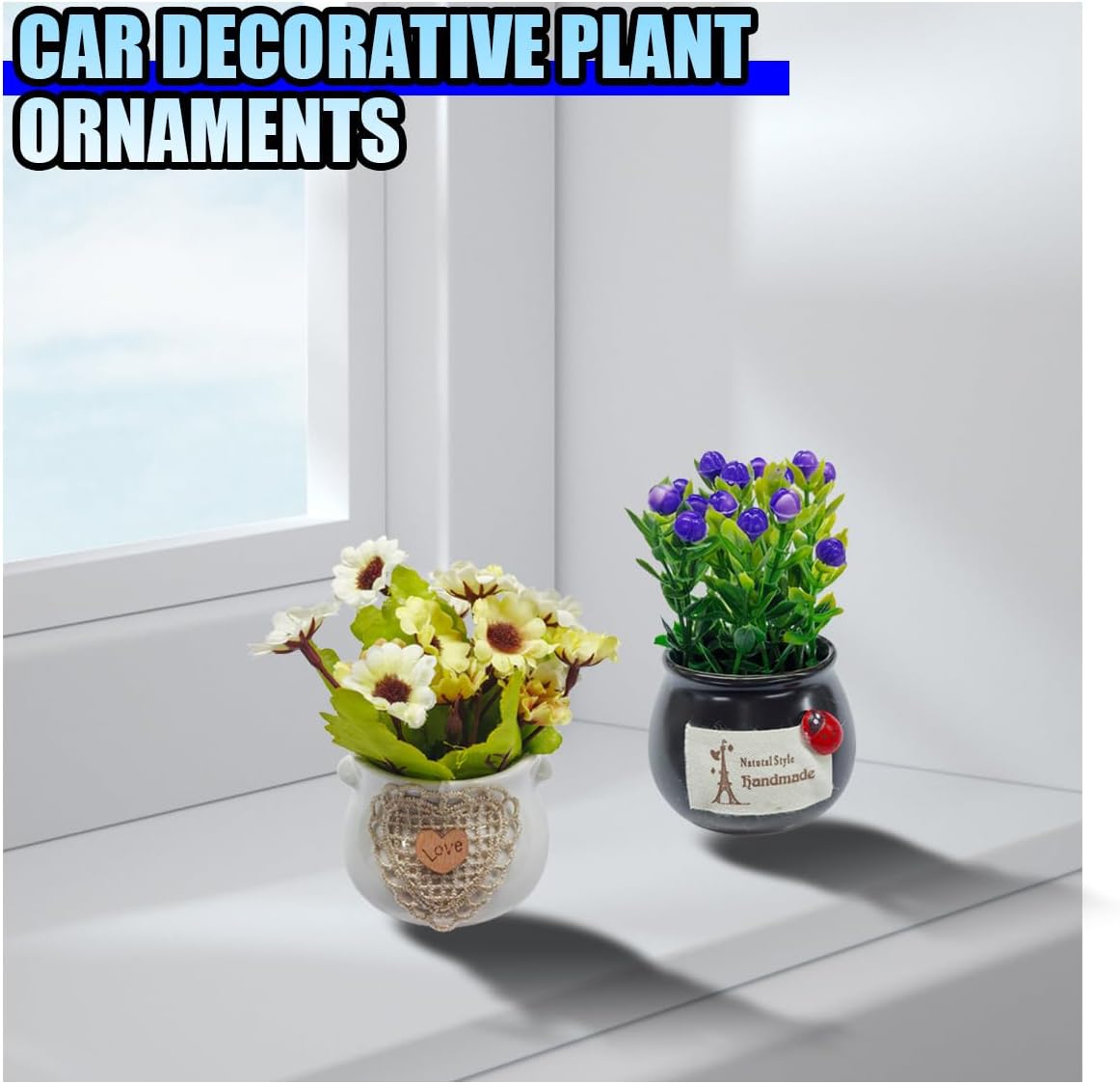 2PCS Cute Flower Bouquet in Pottery Vase Car Dashboard Ornament for Women Interior Aesthetic, Miniature Artificial Plant Car Center Console&Dashboard Decoration for Home Office (Purple/Beige)