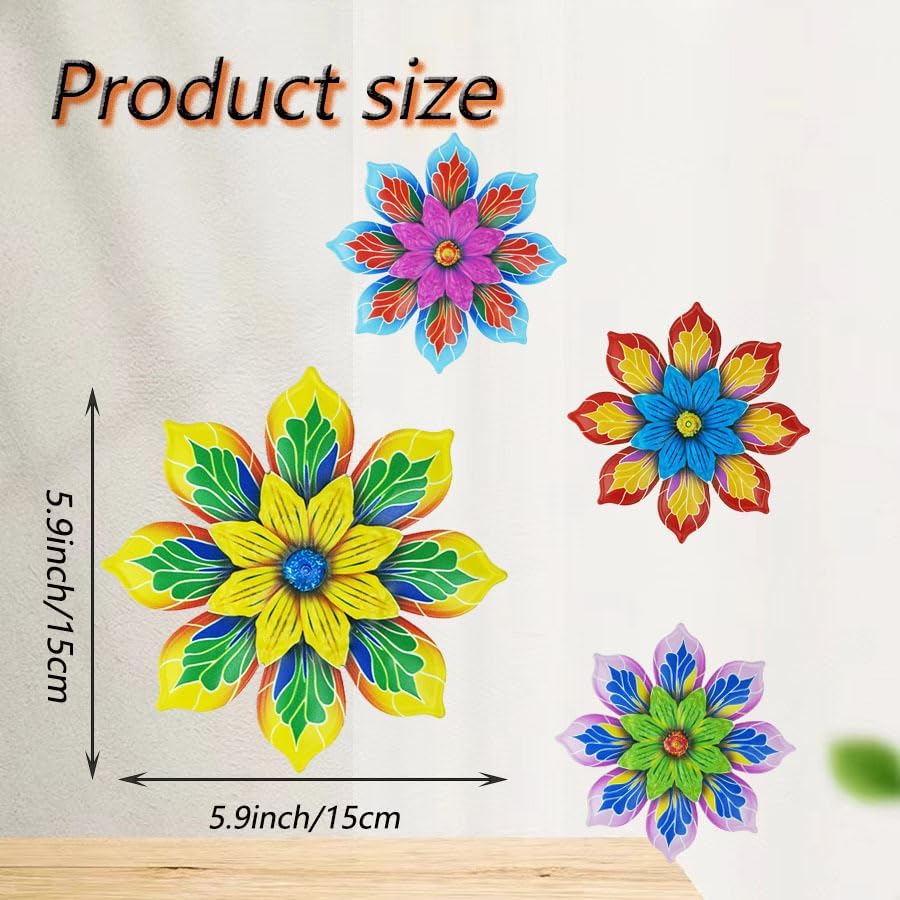 GENHAOTHREE Vibrant Metal Flower Wall Art Decor Set of 4-5.9 Inch Colo