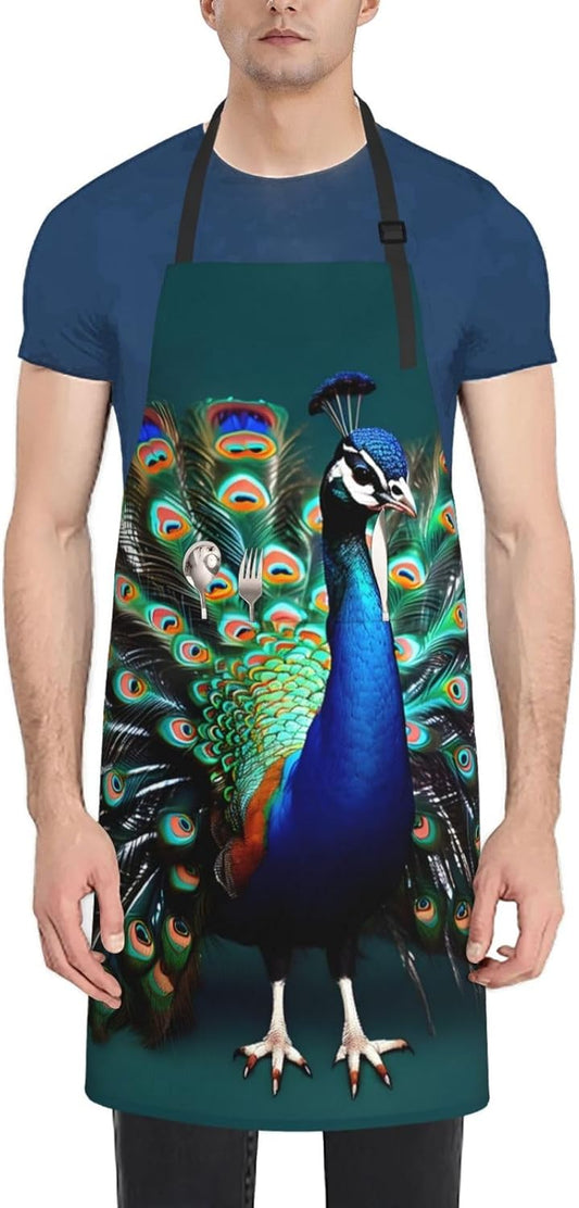 Beautiful peacock print Waterproof apron with pocket adjustable cooking apron for adult kitchen bibs to bake