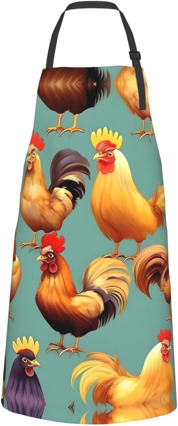 Cute Rooster Chickens Print Laundry apron 28x33 In Waterproof Kitchen Apron with Pockets for Cooking Baking