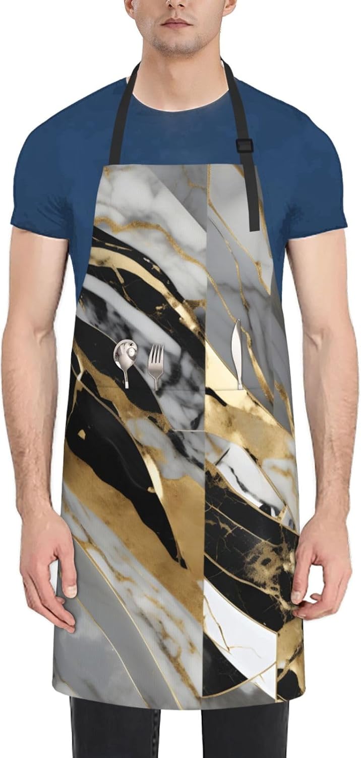 YANYU luxury Marble Print 28x33 In Kitchen Apron Stylish Chef Apron with Pockets for Cooking Baking Painting