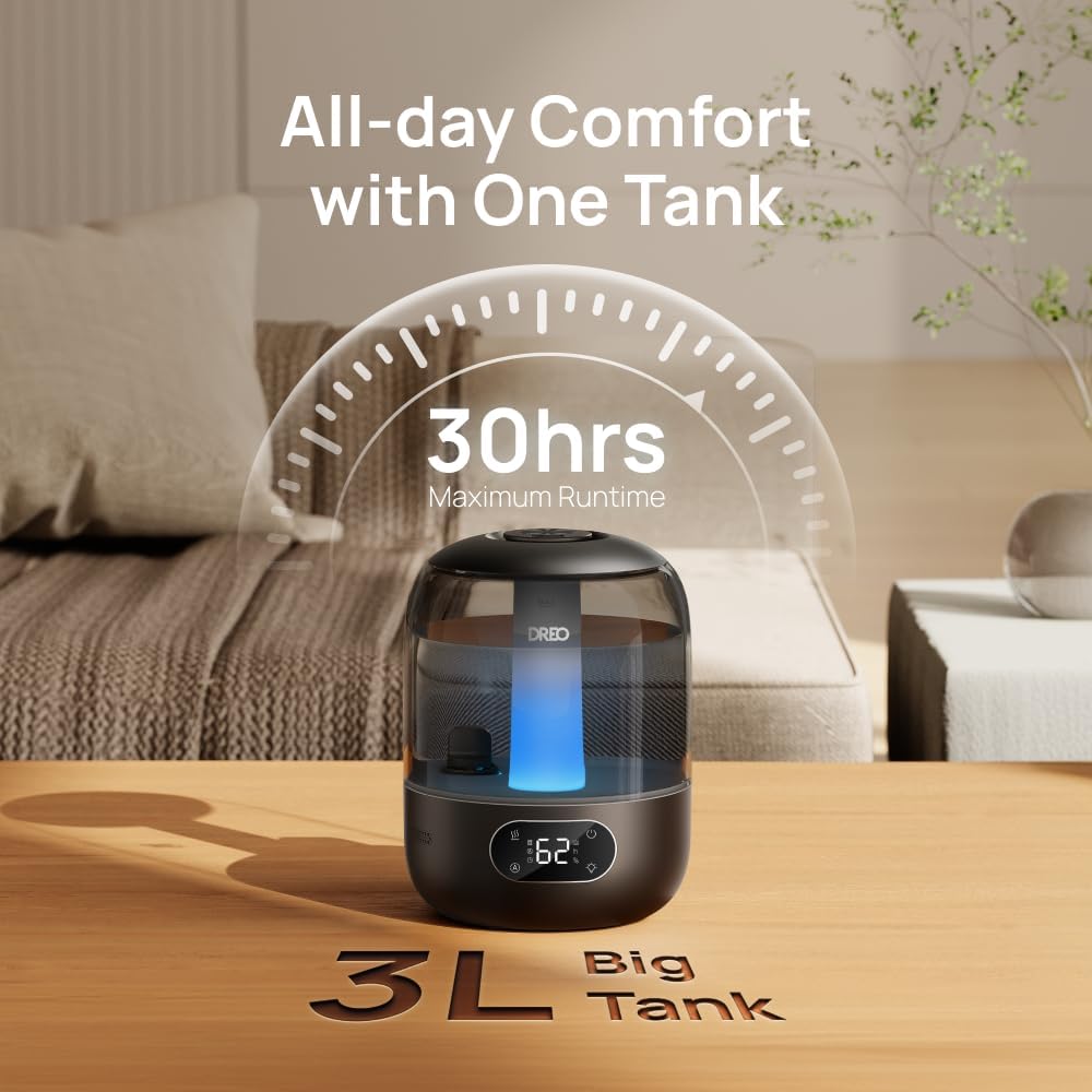 DREO Humidifiers for Bedroom, 3L Top Fill 30H & 26dB Quiet Runtime for Large Room, Cool Mist Ultrasonic Humidifier with Humidity Sensor, Night Light for Home, Baby, Nursery, Plants, 360° Nozzle, Black