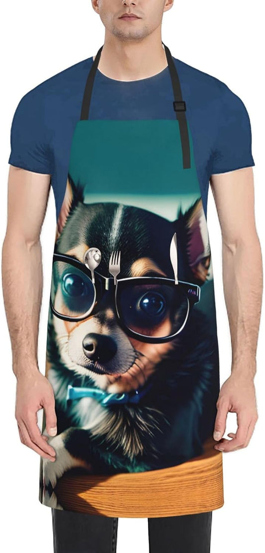 Chihuahua Dog Glasses Print 28x33 In Adult Kitchen Apron with Pockets 