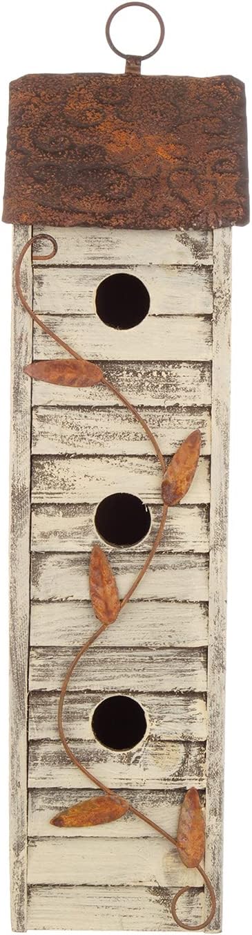 Glitzhome Bird Houses for Outside, 18" H Three-Story Solid Wood Cottage Decorative Garden Birdhouse Wooden Bird Houses with Shutter Texture Hanging Hanging Birdhouses for Outdoors,Washed White