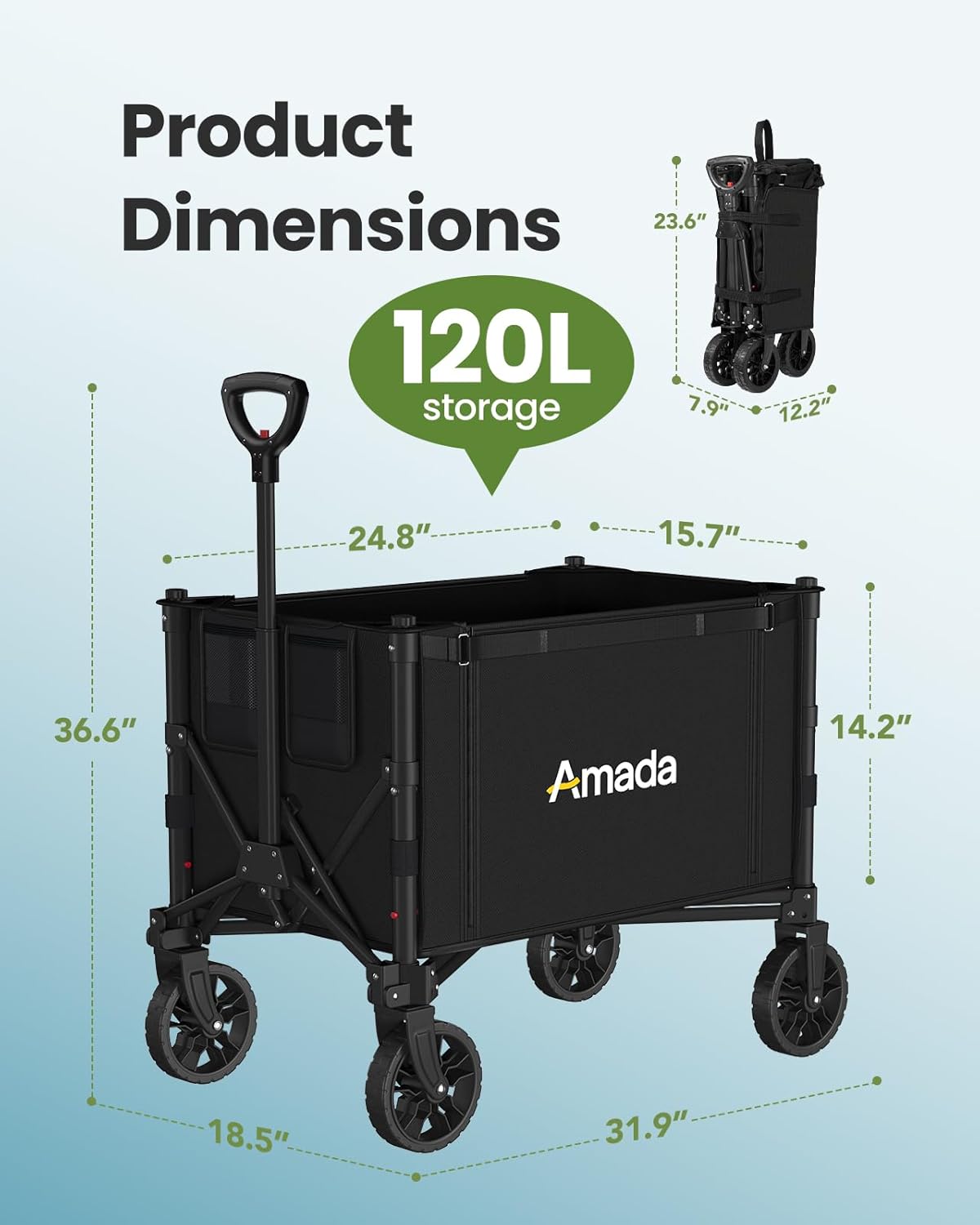 Wagons Carts Foldable, Collapsible Wagon Cart with 220 lbs Max Load and Expandable Storage Space, Heavy-Duty Foldable Wagon Cart with Wheels for Groceries, Shopping, Sport, Beach, Garden and Camping