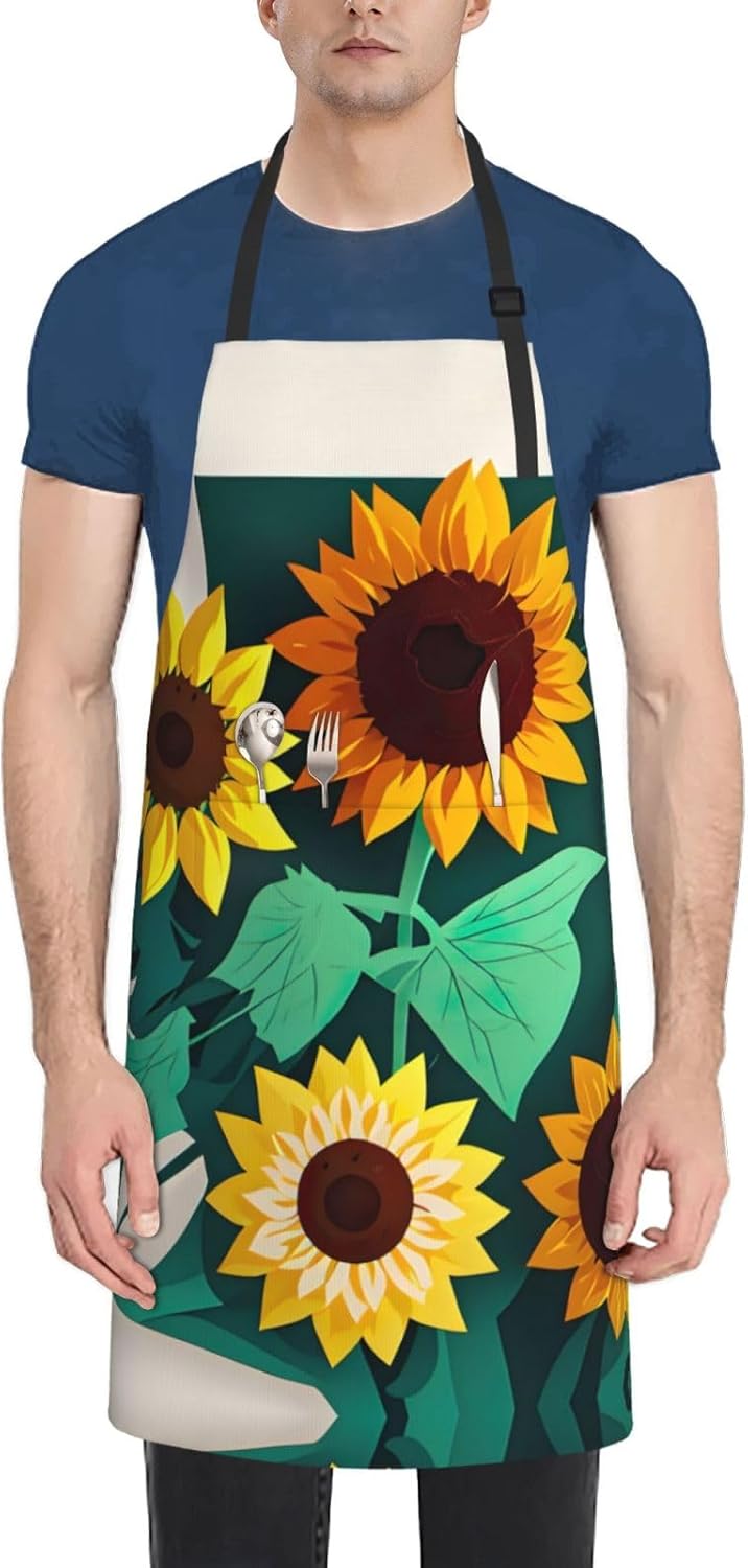 Sunflower bee print Waterproof chef's apron with pocket apron for kitchen cooking baking barbecue and gardening