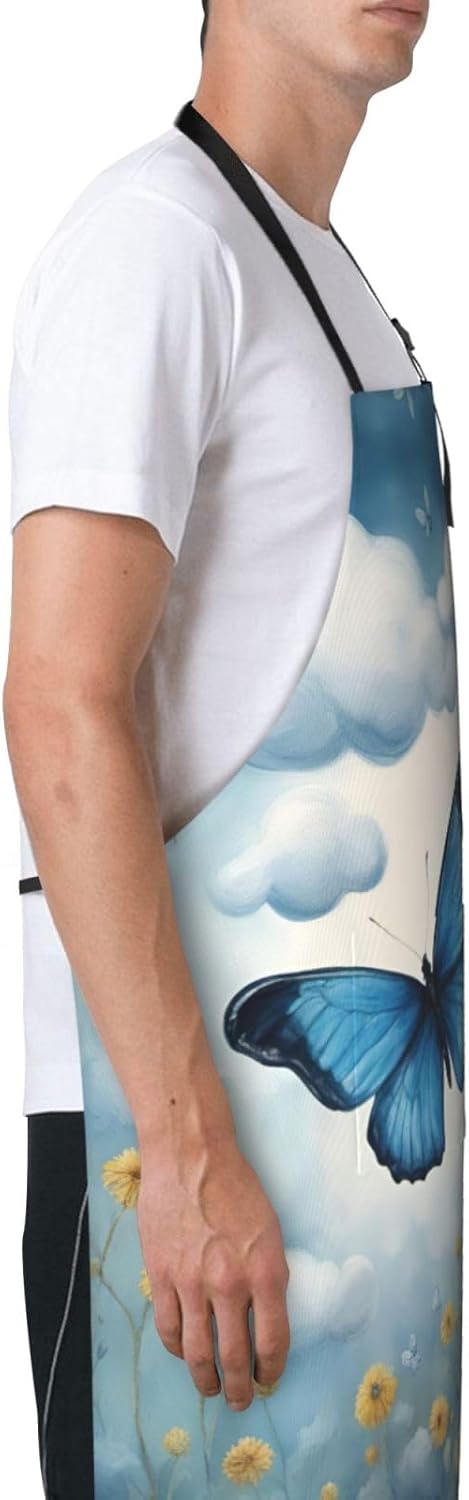 blue butterfly and Clouds print Waterproof chef's apron with pocket apron for kitchen cooking baking barbecue and gardening