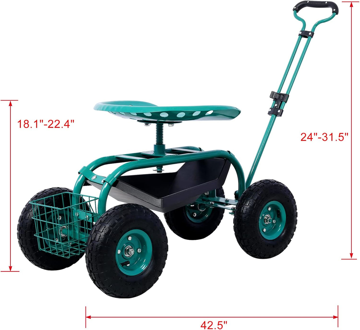 Rolling Garden Cart with 4 Wheels Tool Tray Basket Adjustable Height 360-degree Swivel Heavy-Duty Frame Easy Assembly Garden Scooter Gardening Workseats Green One Size