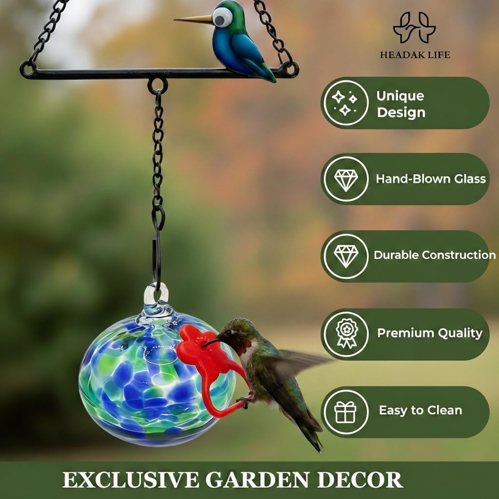 Hummingbird Feeder for Outdoors Hanging,Metal Hummingbird Swing with Hand Blown Glass Hummingbird Feeder,Artistic Bird Perch & Garden Decor, Unique Gardening Gifts for Women(Dotted Blue)