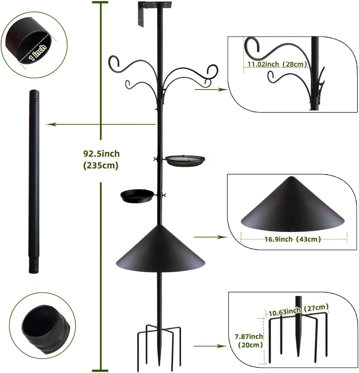 Bird Feeder Pole - 92 Inch Heavy Duty Birdhouse Stand with Squirrel Proof Baffle for Outdoor, Adjustable Bird Feeding Station with Multi Shepherds Hooks Mental Trays for Garden Attracting Wild Birds