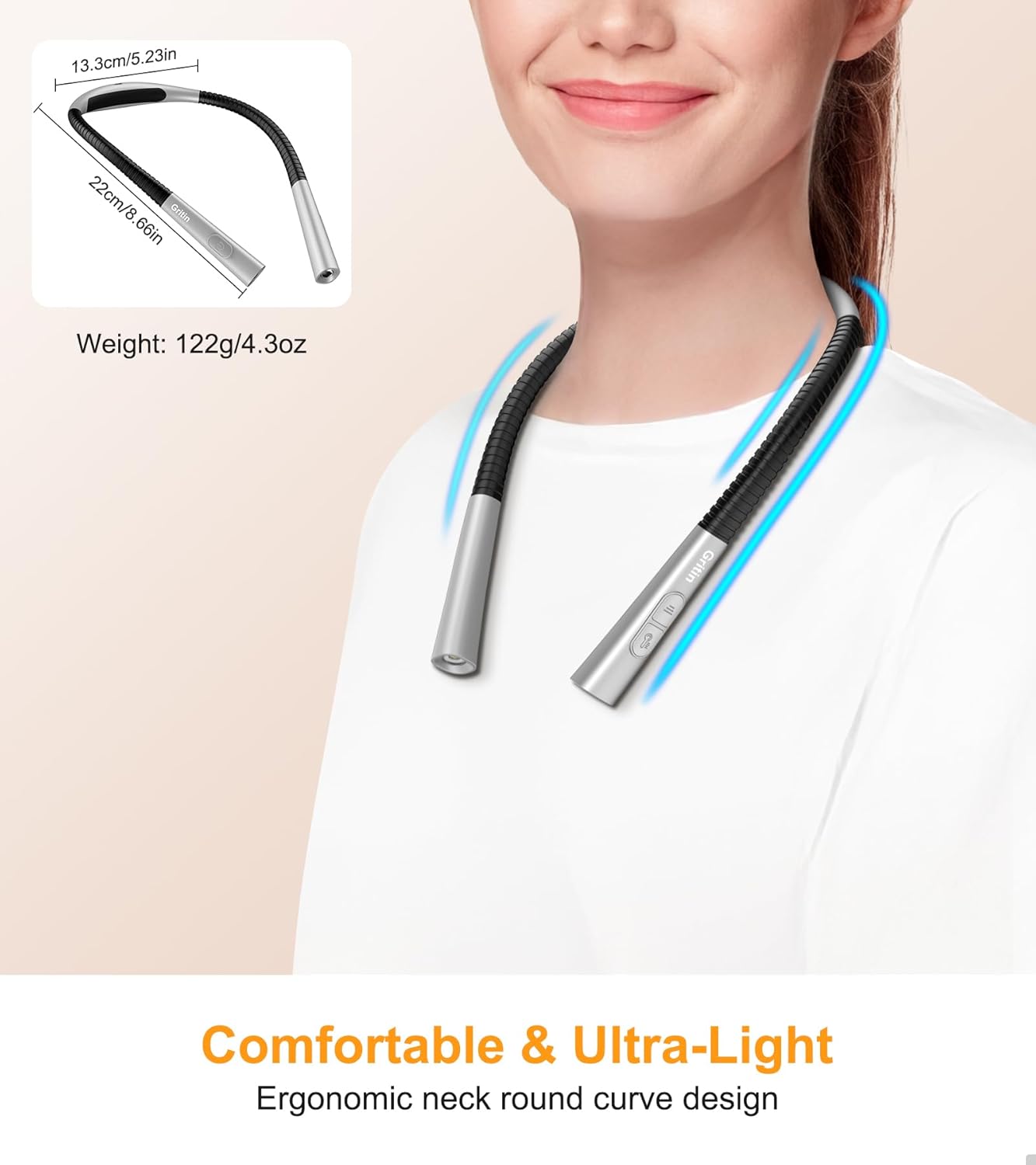 Gritin Book Light, Eye Caring 4-Color & 5-Brightness Neck Light Reading Light- Stepless Dimming,30-min Timer,80+ Hrs Runtime,Bendable Round Neck Design, Lightweight for Reading, Knitting, Repairing