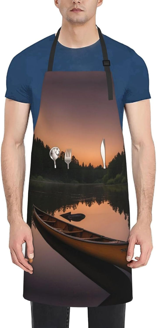 Moonlit Canoe Allagash River print Waterproof chef's apron with pocket apron for kitchen cooking baking barbecue and gardening