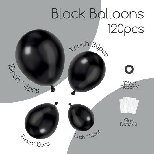 120pcs Black Balloon Arch Kit, 18 12 10 5 inch Black Latex Balloons Different Sizes Balloon Garland for Graduation Halloween Birthday Party Decorations