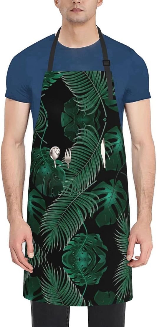 Banana Leaf Green print Waterproof chef's apron with pocket apron for kitchen cooking baking barbecue and gardening