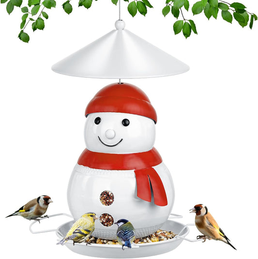 Bird Feeder for Outdoor Hanging, Heavy Duty Metal Wild Bird Feeder with Squirrel Proof Baffle for Outside Hanging, Large Capacity Birdfeeder Garden Yard Decoration, Cute Snowman Shaped