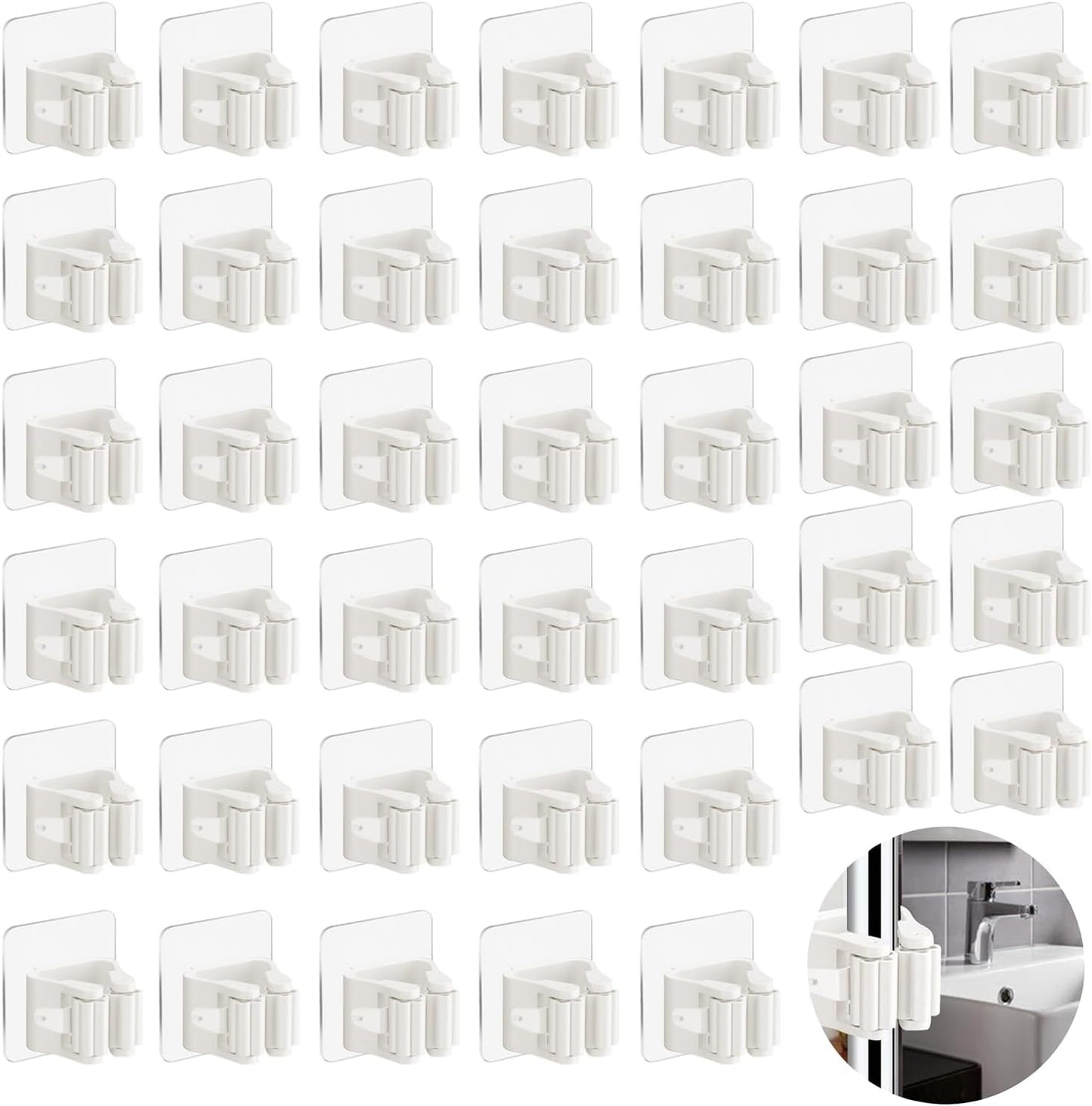 3-H 40 Pack Self Adhesive Broom Holder Wall Mount - Heavy Duty No Dril