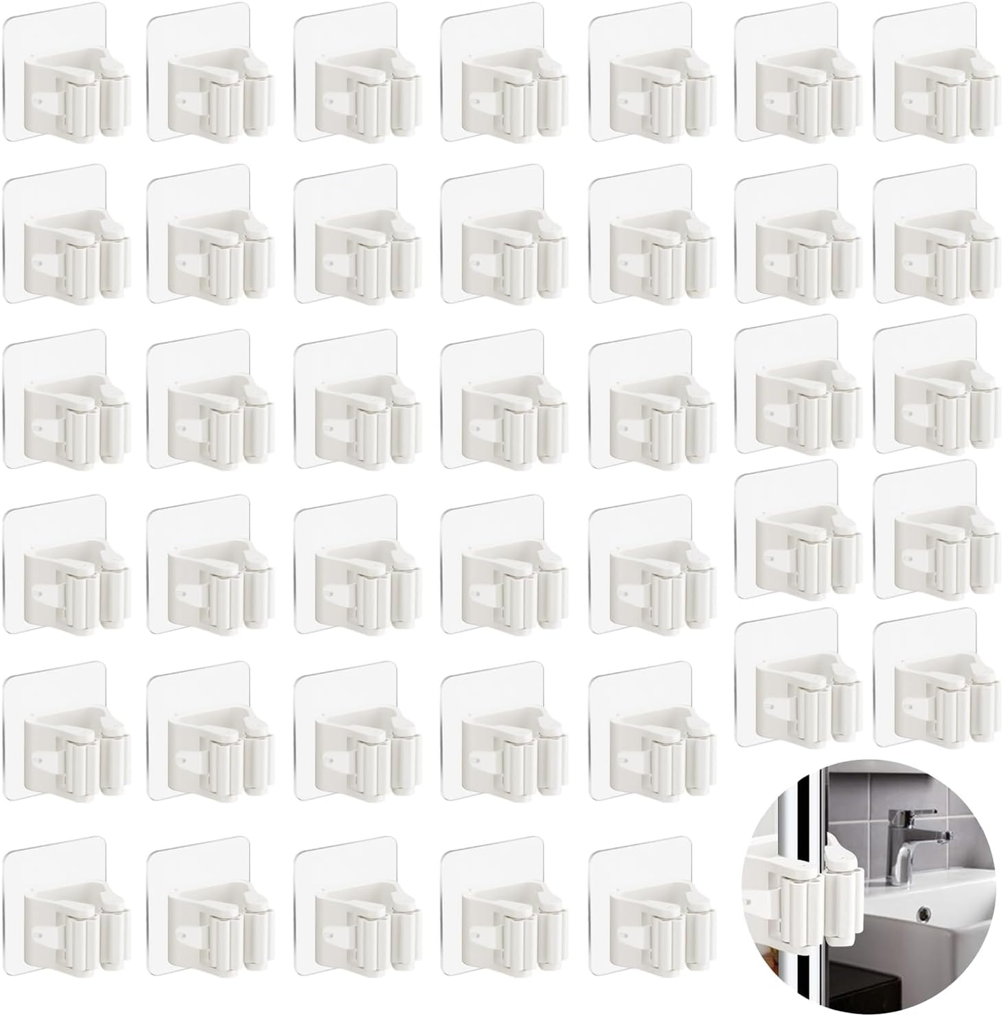3-H 40 Pack Self Adhesive Broom Holder Wall Mount - Heavy Duty No Dril