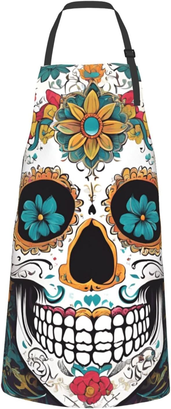 YANYU Floral Skull Print 28x33 In Kitchen Apron Stylish Chef Apron with Pockets for Cooking Baking Painting