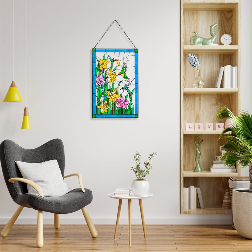 Viveta Hummingbird Stained Glass Window Hanging, Birds and Flowers Suncatcher for Window, Hummingbird Stained Glass Panel Hanging Ornament(Rectangular 10 * 15")