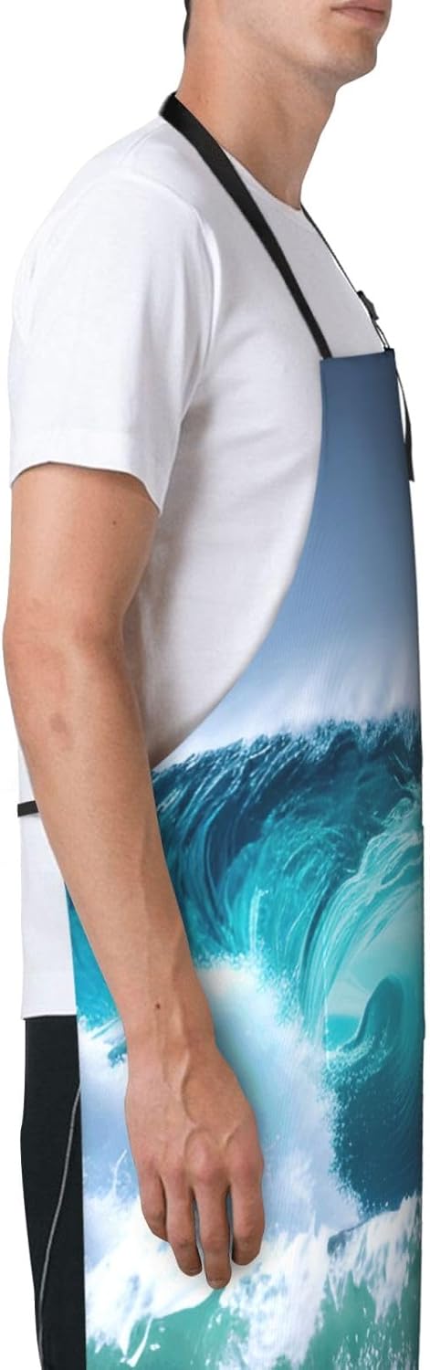 YANYU Ocean Wave Print 28x33 In Kitchen Apron Stylish Chef Apron with Pockets for Cooking Baking Painting
