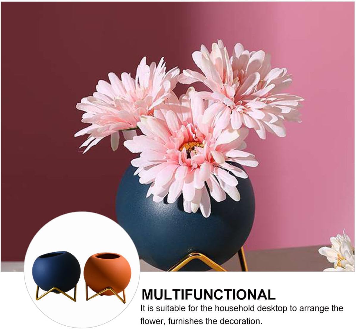 FAVOMOTO Nordic Ceramic Flower Vase Set 2pcs with Iron Frame Spherical