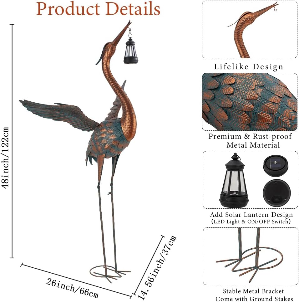 48'' Heron Garden Statue, Large Crane Outdoor Statue with Solar Lanter
