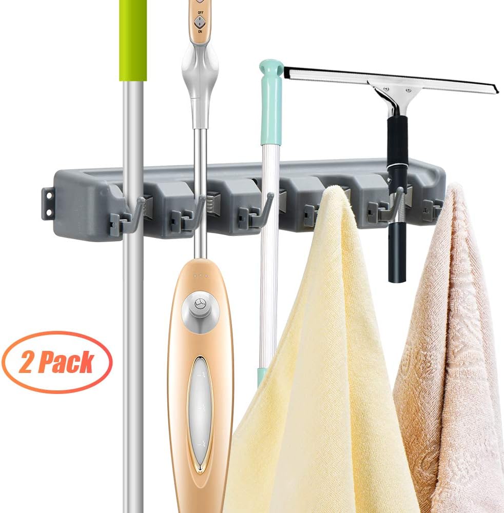 HOME MASTER HARDWARE (2 Pack 16 in Broom Mop Holder Garage Storage Organizer with 5 Racks 6 Hooks Adjustable Wall Mounted Storage Tool for Lanudry Garage Kitchen Garden